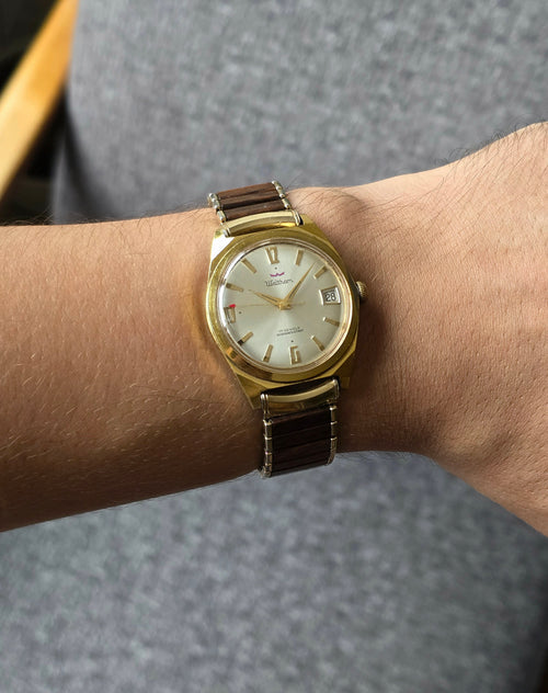 1960s Waltham, Silver Sunburst, Faux Wood Inlay, Swiss, 34 mm