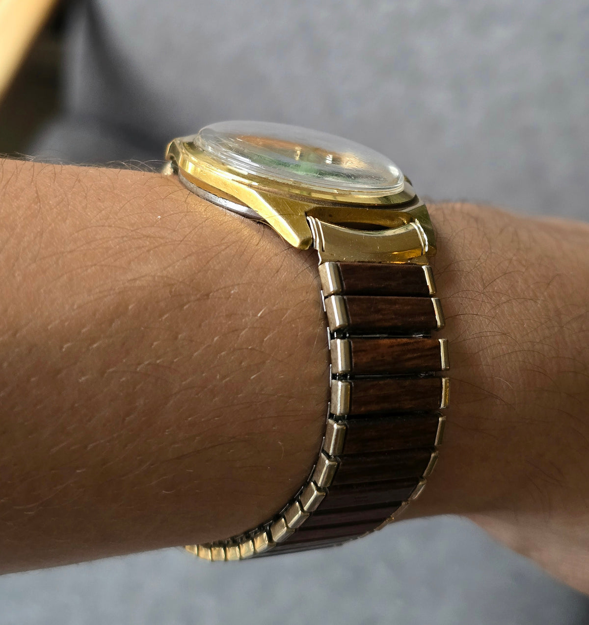 1960s Waltham, Silver Sunburst, Faux Wood Inlay, Swiss, 34 mm